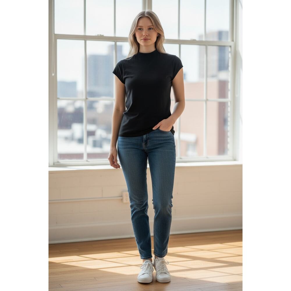 OGL Top Size S NEW Black Mock Neck Tee Short Sleeve Cap Sleeve